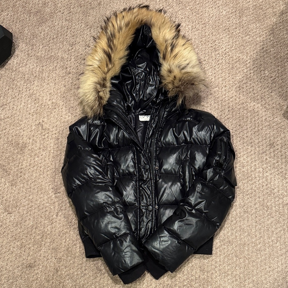 SAM. Black Puffer Jacket with Faux Fur Hood